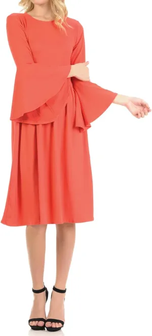 iconic luxe Women's Fit and Flare Dress with Dramatic Bell Sleeve