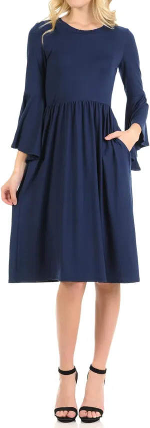 iconic luxe Women's Fit and Flare Dress with Dramatic Bell Sleeve