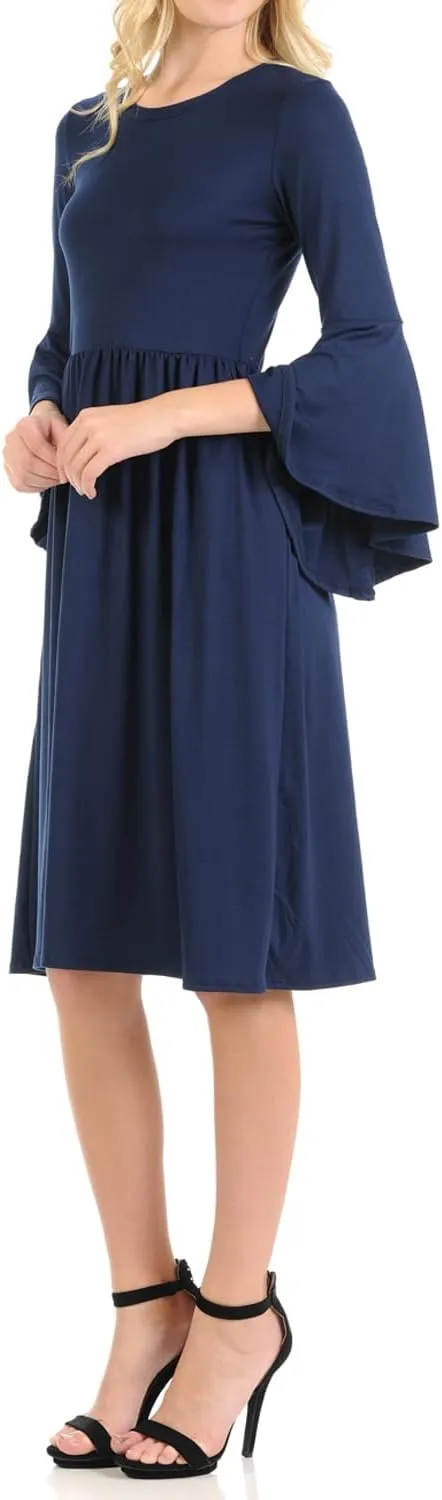 iconic luxe Women's Fit and Flare Dress with Dramatic Bell Sleeve