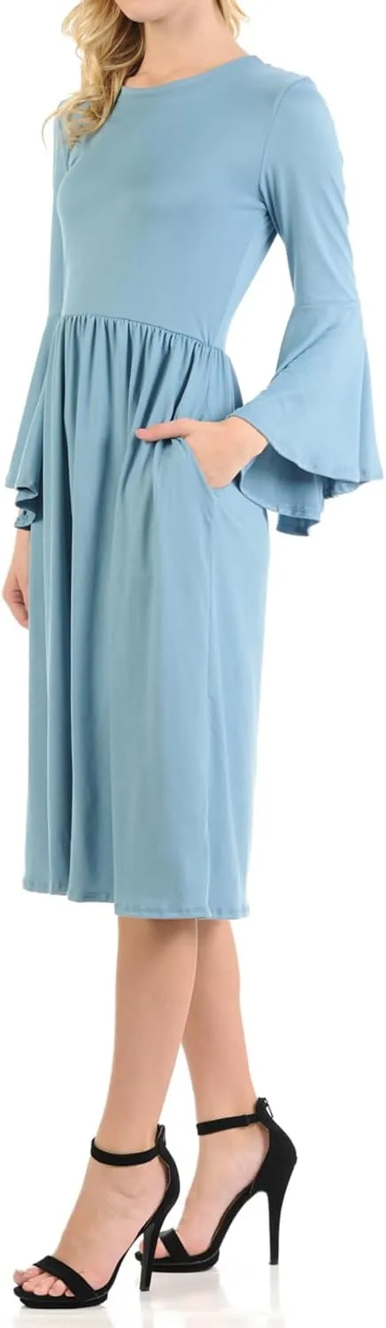 iconic luxe Women's Fit and Flare Dress with Dramatic Bell Sleeve