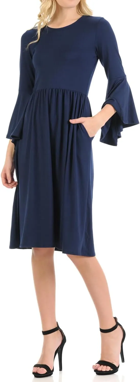 iconic luxe Women's Fit and Flare Dress with Dramatic Bell Sleeve