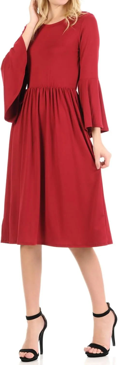 iconic luxe Women's Fit and Flare Dress with Dramatic Bell Sleeve