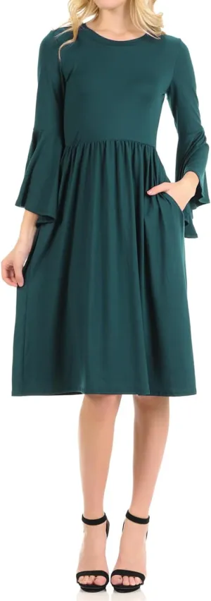 iconic luxe Women's Fit and Flare Dress with Dramatic Bell Sleeve