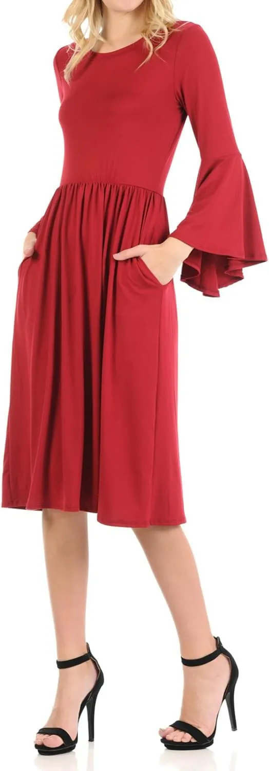 iconic luxe Women's Fit and Flare Dress with Dramatic Bell Sleeve