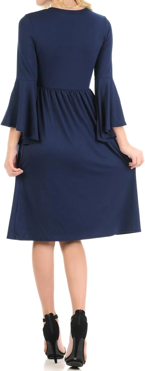iconic luxe Women's Fit and Flare Dress with Dramatic Bell Sleeve