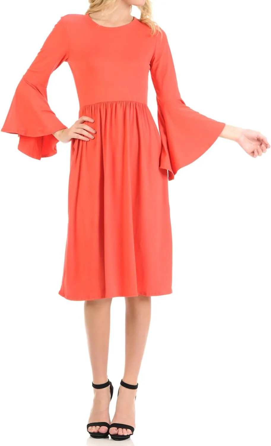 iconic luxe Women's Fit and Flare Dress with Dramatic Bell Sleeve