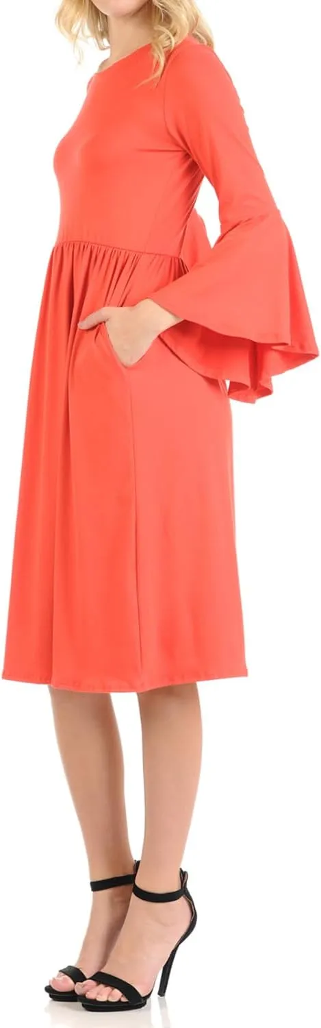 iconic luxe Women's Fit and Flare Dress with Dramatic Bell Sleeve
