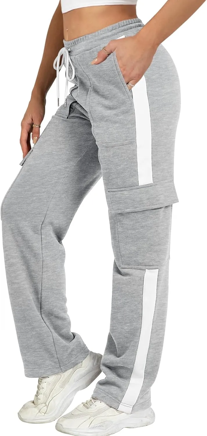 IVIR Womens Sweatpants Cargo Pants Baggy Wide Leg High Waist Fleece Lounge Pants with Pockets