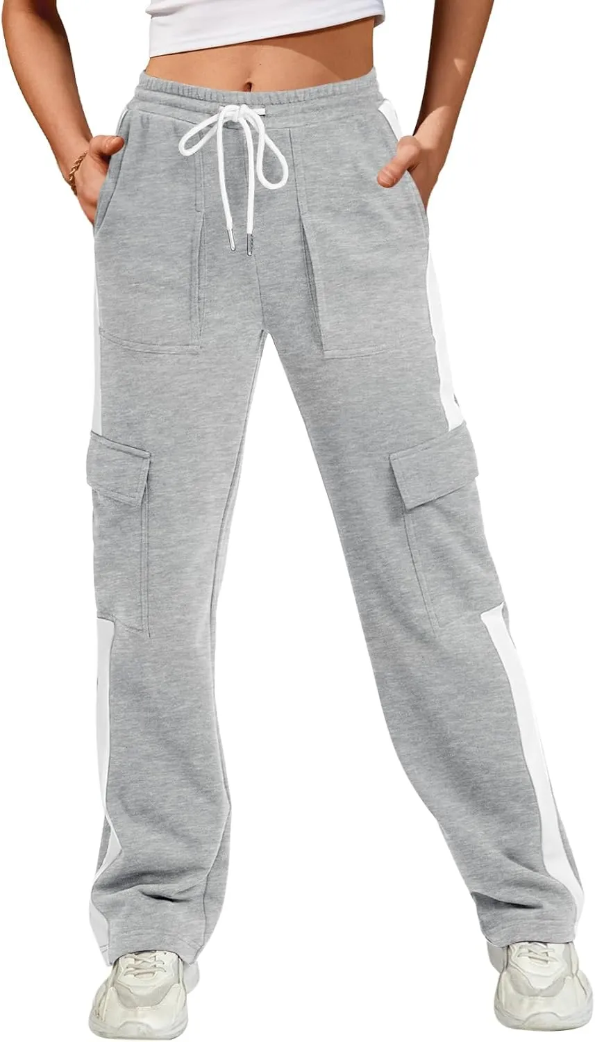 IVIR Womens Sweatpants Cargo Pants Baggy Wide Leg High Waist Fleece Lounge Pants with Pockets