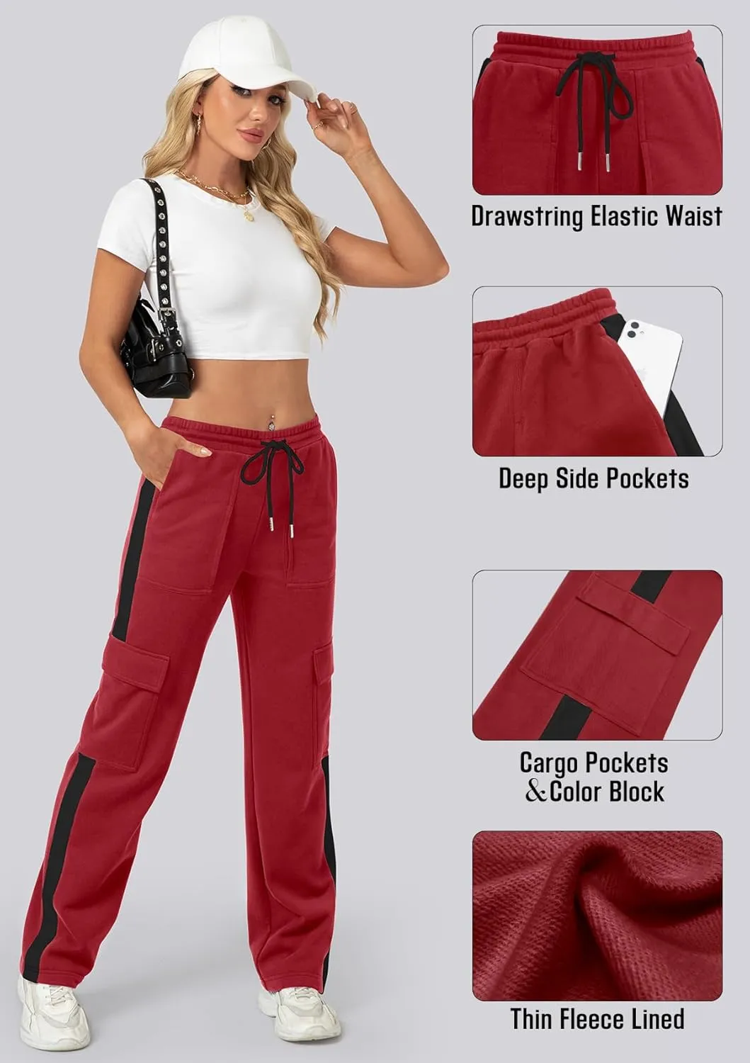 IVIR Womens Sweatpants Cargo Pants Baggy Wide Leg High Waist Fleece Lounge Pants with Pockets