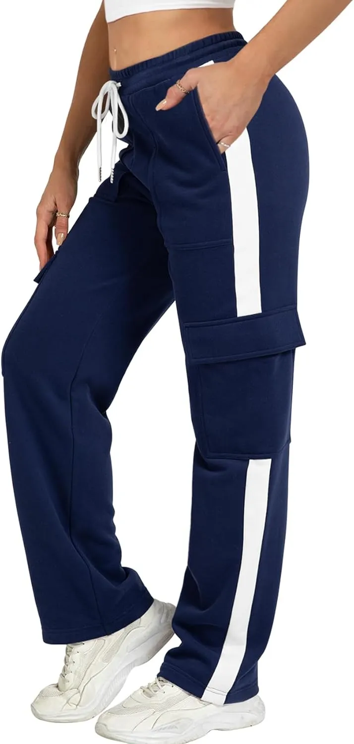 IVIR Womens Sweatpants Cargo Pants Baggy Wide Leg High Waist Fleece Lounge Pants with Pockets