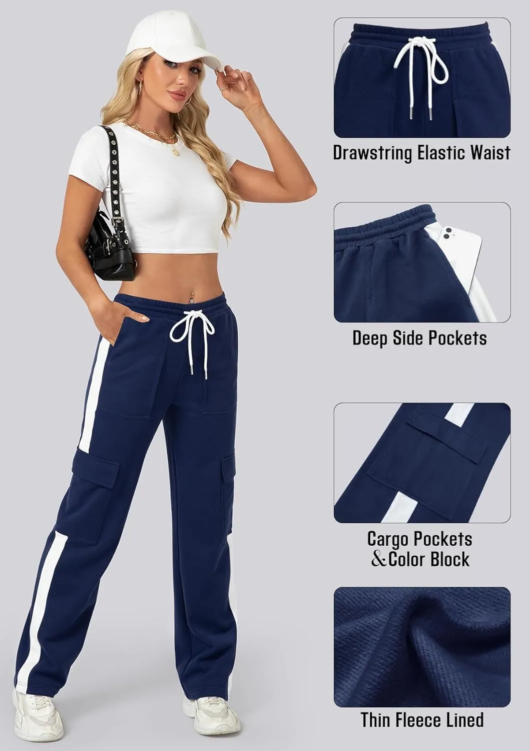 IVIR Womens Sweatpants Cargo Pants Baggy Wide Leg High Waist Fleece Lounge Pants with Pockets