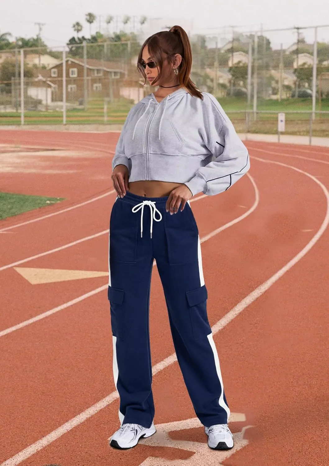IVIR Womens Sweatpants Cargo Pants Baggy Wide Leg High Waist Fleece Lounge Pants with Pockets