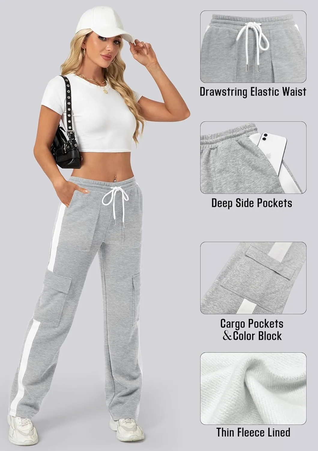 IVIR Womens Sweatpants Cargo Pants Baggy Wide Leg High Waist Fleece Lounge Pants with Pockets