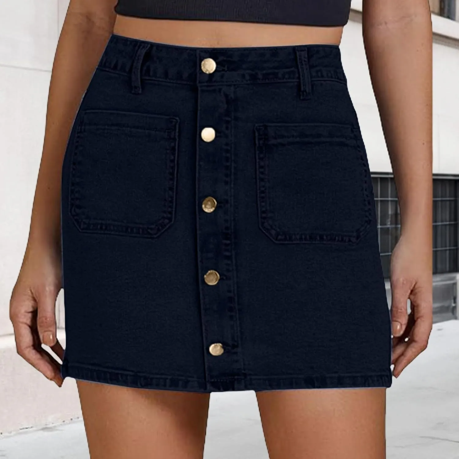 Jean Skirts for Women Denim High Waisted Trendy Stretchy Button Front Short Pencil Skirt with Patch Summer Fashion