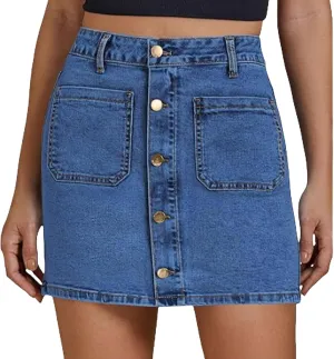 Jean Skirts for Women Denim High Waisted Trendy Stretchy Button Front Short Pencil Skirt with Patch Summer Fashion