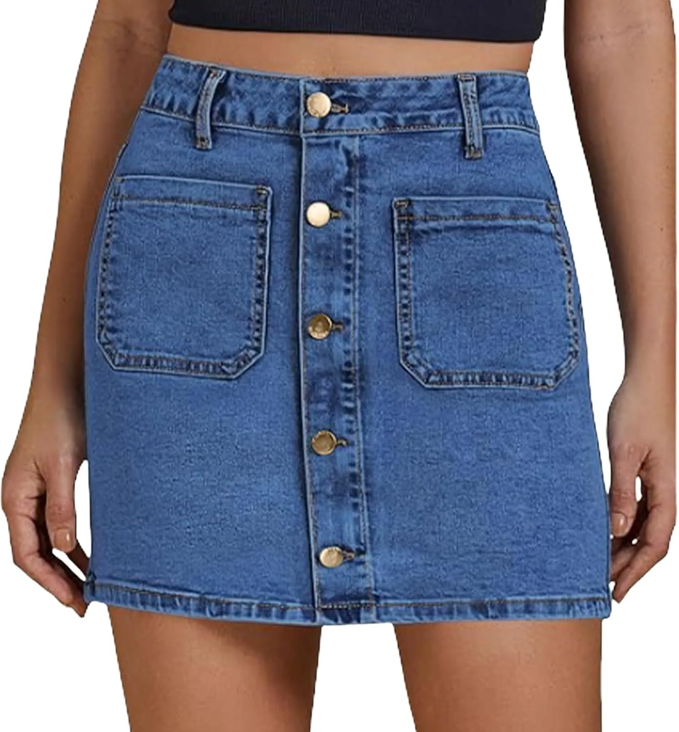 Jean Skirts for Women Denim High Waisted Trendy Stretchy Button Front Short Pencil Skirt with Patch Summer Fashion