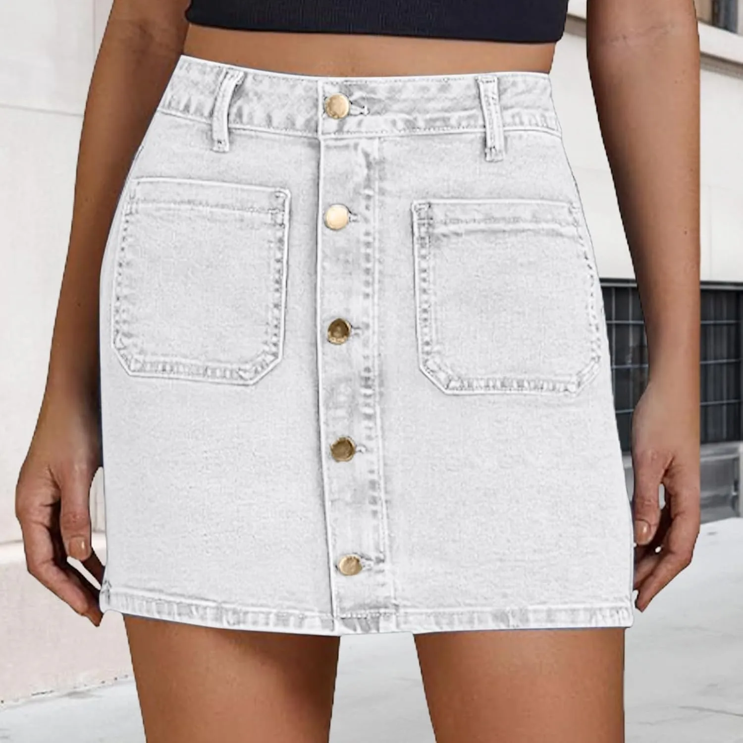 Jean Skirts for Women Denim High Waisted Trendy Stretchy Button Front Short Pencil Skirt with Patch Summer Fashion