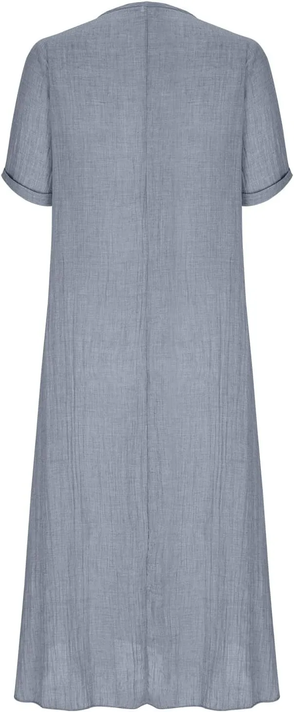 JOAU Womens Cotton Linen Maxi Dress Summer Short Sleeve V-Neck T-Shirt Dresses Casual Flowy Beach Cover Up Long Dress