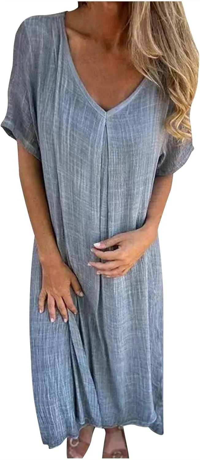 JOAU Womens Cotton Linen Maxi Dress Summer Short Sleeve V-Neck T-Shirt Dresses Casual Flowy Beach Cover Up Long Dress