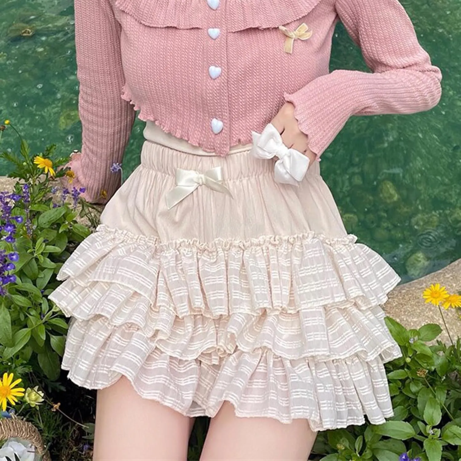 Kawaii Mini Skirt for Women Low Waist Lace Patchwork Ruffle Layered Tiered Skirts 2025 Summer Fashion Cute Skorts