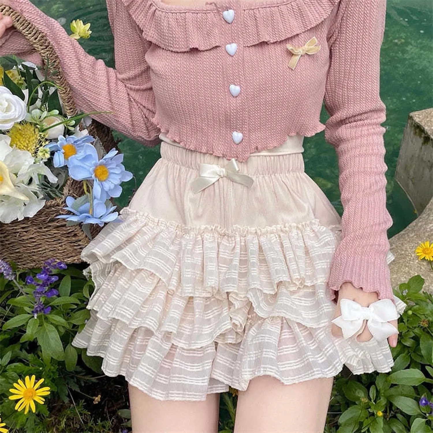 Kawaii Mini Skirt for Women Low Waist Lace Patchwork Ruffle Layered Tiered Skirts 2025 Summer Fashion Cute Skorts