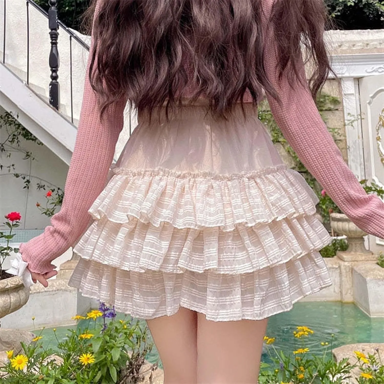 Kawaii Mini Skirt for Women Low Waist Lace Patchwork Ruffle Layered Tiered Skirts 2025 Summer Fashion Cute Skorts