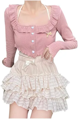 Kawaii Mini Skirt for Women Low Waist Lace Patchwork Ruffle Layered Tiered Skirts 2025 Summer Fashion Cute Skorts