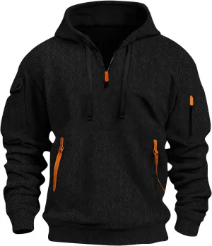 Kissonic Men's Quilted Hoodies Casual Long Sleeve Quarter Zip Tactical Pullover Sweatshirt with Pockets