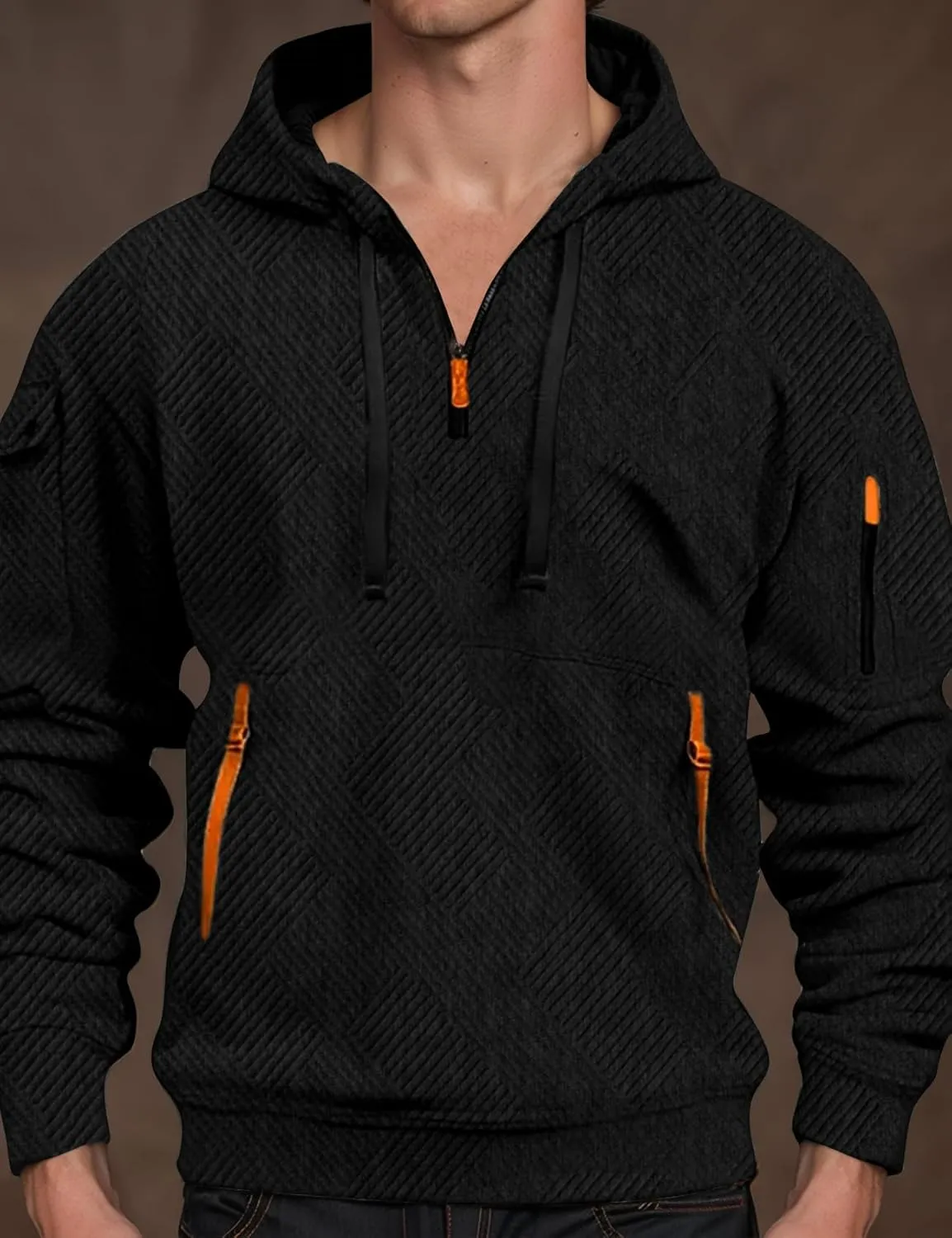 Kissonic Men's Quilted Hoodies Casual Long Sleeve Quarter Zip Tactical Pullover Sweatshirt with Pockets