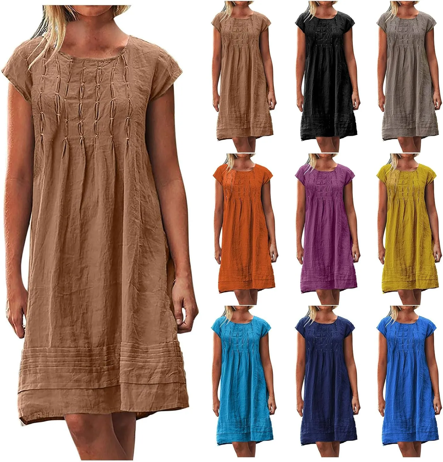 Kubbon Linen Dress for Women Plus Size Cap Sleeve Pleated Summer Midi Dresses Crew Neck Casual Dress Trendy Vacation Clothes