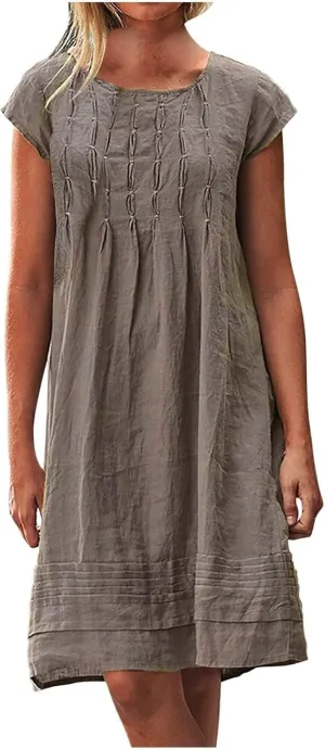 Kubbon Linen Dress for Women Plus Size Cap Sleeve Pleated Summer Midi Dresses Crew Neck Casual Dress Trendy Vacation Clothes