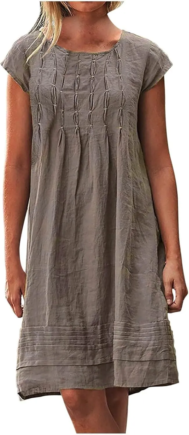 Kubbon Linen Dress for Women Plus Size Cap Sleeve Pleated Summer Midi Dresses Crew Neck Casual Dress Trendy Vacation Clothes
