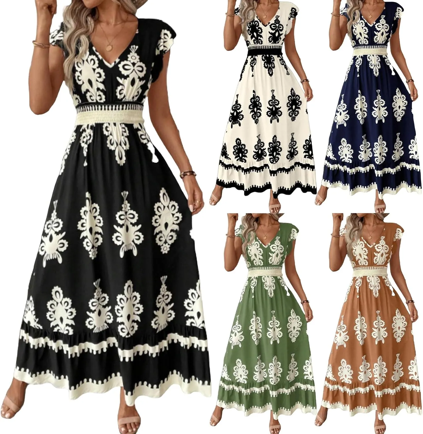 Kubbon Maxi Dresses for Women Short Sleeve V Neck Boho Floral Dress Flowy A Line Tiered Long Dresses Summer Travel Outfits