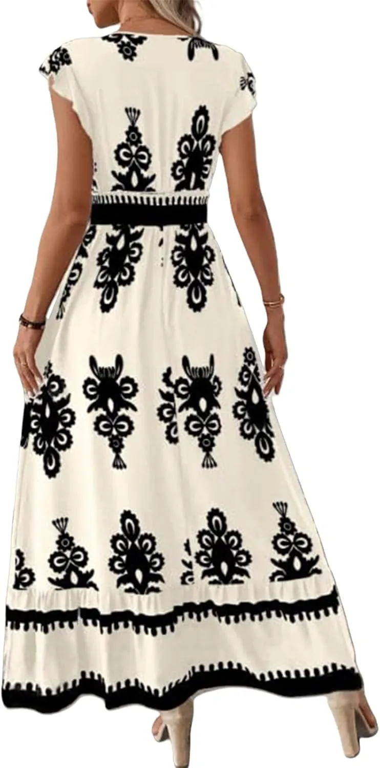 Kubbon Maxi Dresses for Women Short Sleeve V Neck Boho Floral Dress Flowy A Line Tiered Long Dresses Summer Travel Outfits