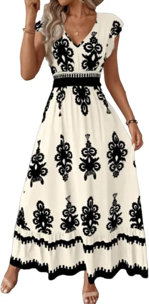 Kubbon Maxi Dresses for Women Short Sleeve V Neck Boho Floral Dress Flowy A Line Tiered Long Dresses Summer Travel Outfits