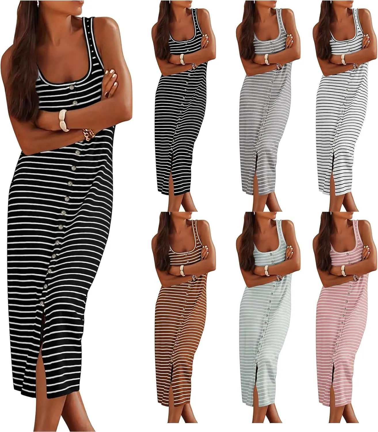 Kubbon Maxi Dresses for Women Sleeveless Striped T Shirt Midi Dress U Neck Bodycon Dresses Side Slit Long Tank Dress
