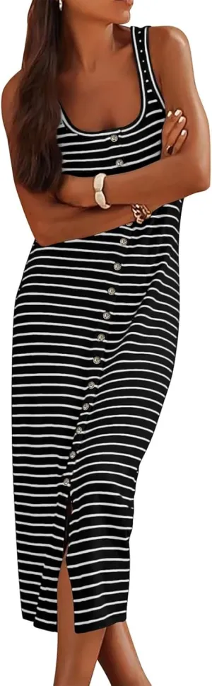 Kubbon Maxi Dresses for Women Sleeveless Striped T Shirt Midi Dress U Neck Bodycon Dresses Side Slit Long Tank Dress