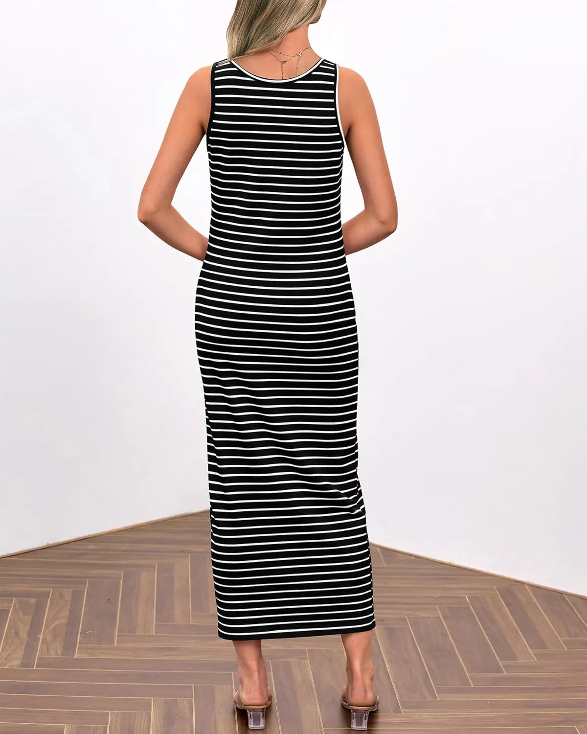 Kubbon Maxi Dresses for Women Sleeveless Striped T Shirt Midi Dress U Neck Bodycon Dresses Side Slit Long Tank Dress