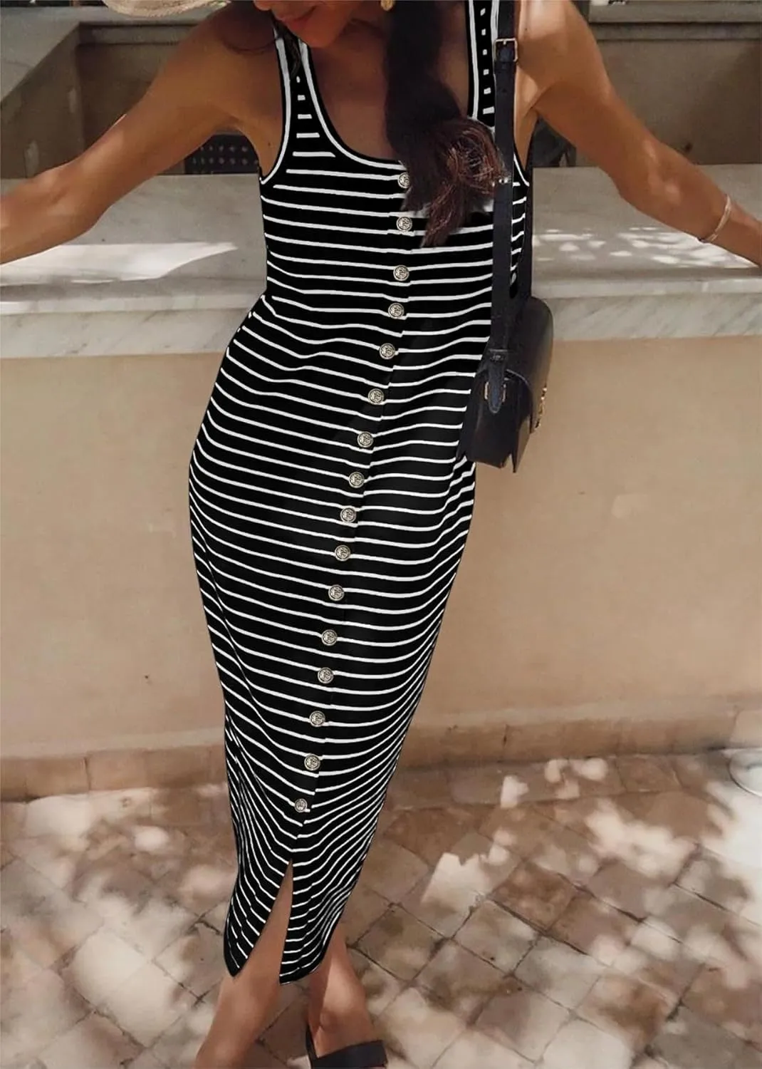 Kubbon Maxi Dresses for Women Sleeveless Striped T Shirt Midi Dress U Neck Bodycon Dresses Side Slit Long Tank Dress