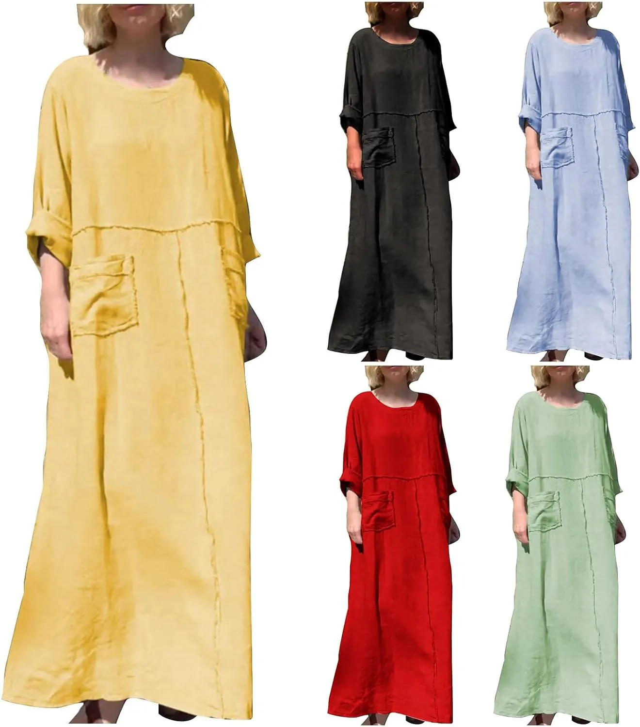 Kubbon Women's Linen Maxi Dress Long Sleeve Crewneck Flowy Vacation Dresses Boho Beach Pleated Long Dresses with Pockets
