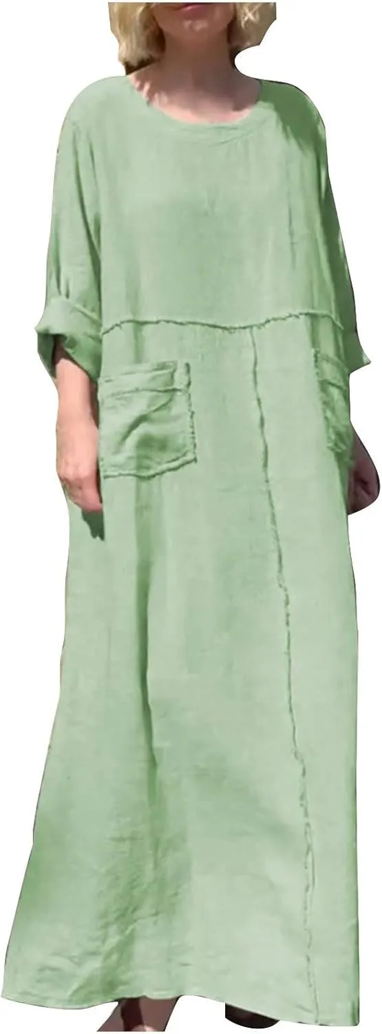 Kubbon Women's Linen Maxi Dress Long Sleeve Crewneck Flowy Vacation Dresses Boho Beach Pleated Long Dresses with Pockets