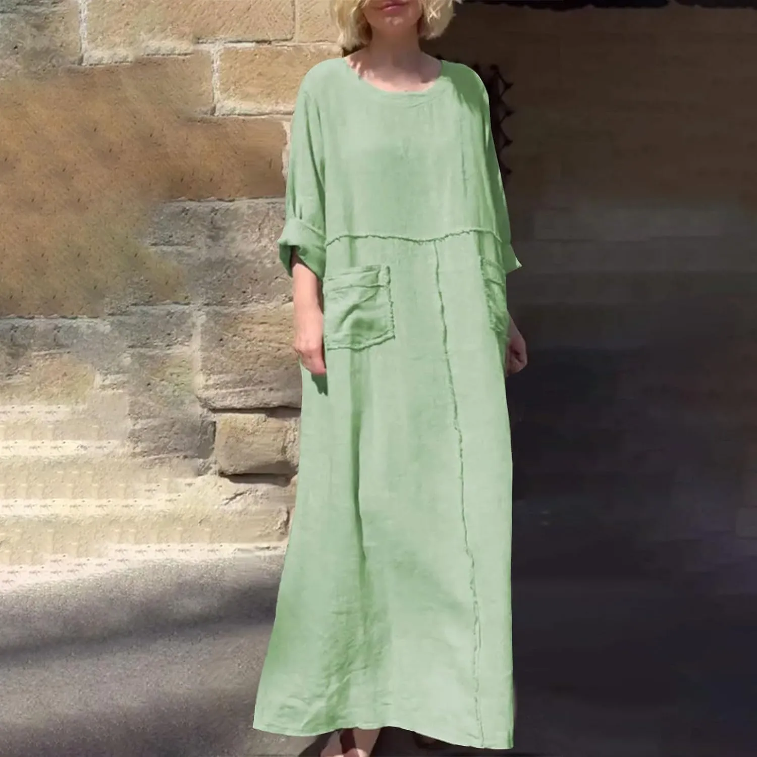 Kubbon Women's Linen Maxi Dress Long Sleeve Crewneck Flowy Vacation Dresses Boho Beach Pleated Long Dresses with Pockets