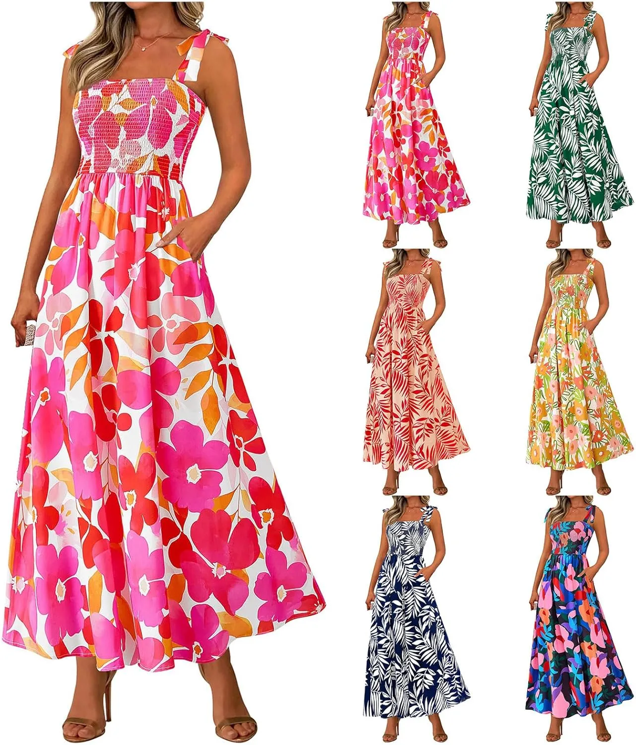 Kubbon Women's Summer Floral Dress Sleeveless Smocked Maxi Dress Boho Spaghetti Strap Square Neck Ruffle Flowy Long Dresses