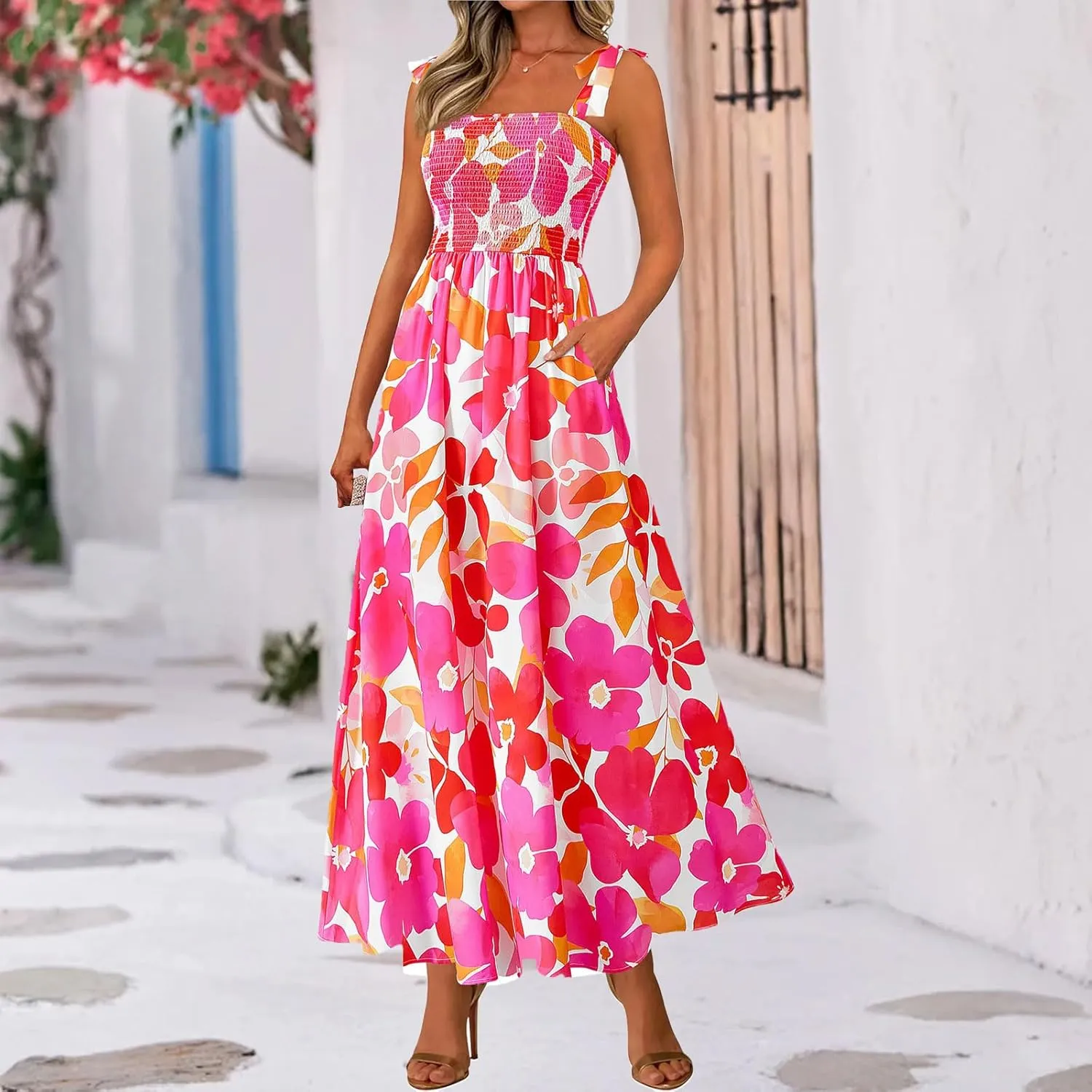 Kubbon Women's Summer Floral Dress Sleeveless Smocked Maxi Dress Boho Spaghetti Strap Square Neck Ruffle Flowy Long Dresses