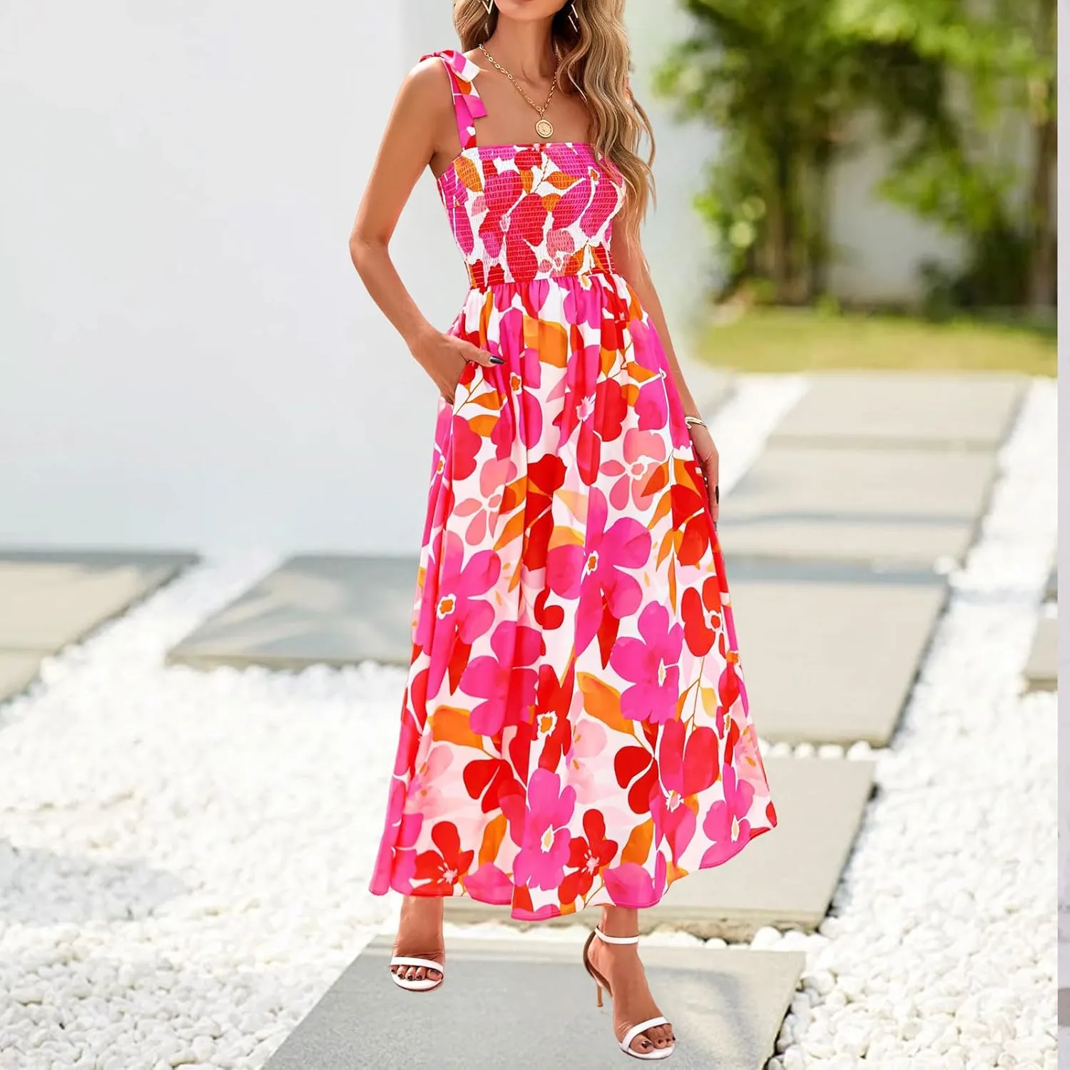 Kubbon Women's Summer Floral Dress Sleeveless Smocked Maxi Dress Boho Spaghetti Strap Square Neck Ruffle Flowy Long Dresses