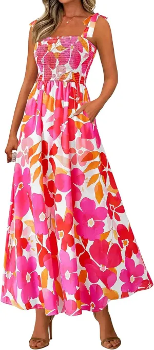 Kubbon Women's Summer Floral Dress Sleeveless Smocked Maxi Dress Boho Spaghetti Strap Square Neck Ruffle Flowy Long Dresses