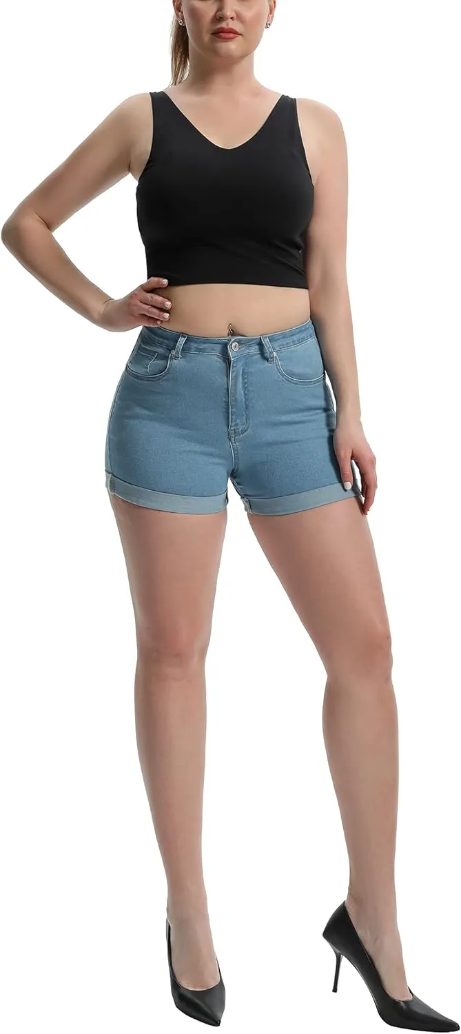 Laeyzuo Women's High Waisted Stretch Jean Shorts Foldead Hem Fashion Denim Shorts