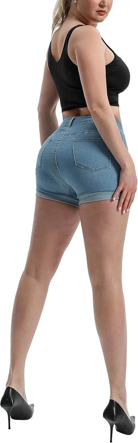 Laeyzuo Women's High Waisted Stretch Jean Shorts Foldead Hem Fashion Denim Shorts