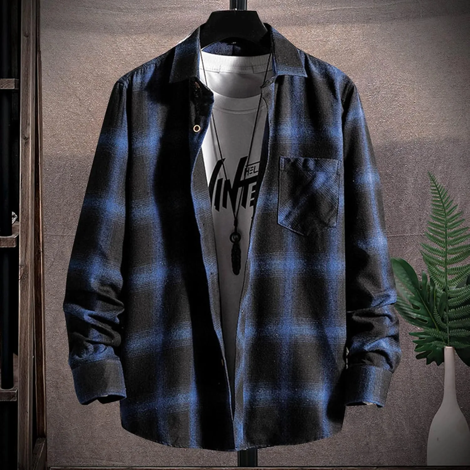 LCMTWX Men's Fleece Flannel Jackets Square Printing Lightweight Breathable Long Sleeve Lapel Formal Heavy Warm Fleece
